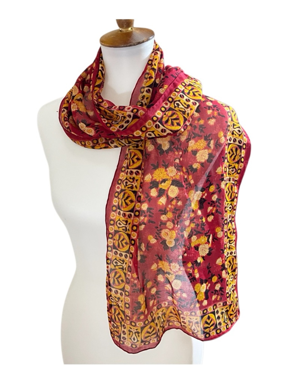 Vintage 100% Silk Scarf Red Gold Floral Boho India Oblong Wrap